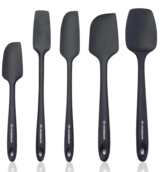 KITCHENLOVE Premium 600°F Heat Resistant 5 Piece Silicone Spatula Set for Baking, Cooking, Mixing - Non-Stick with High Grade S-Iron Steel Core - One Piece Seamless Design - BPA Free (Black)