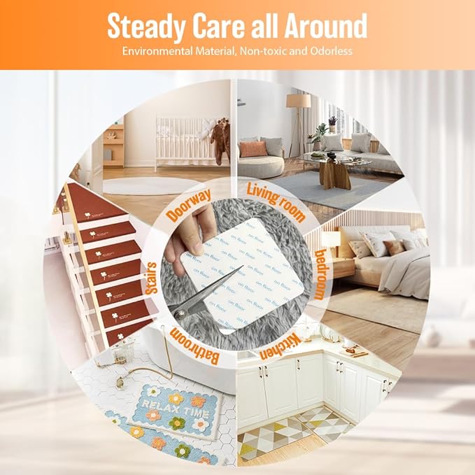 8 Pcs Rug Tape, Reusable Carpet Tape for Area Rugs，Non Slip Rug Pads Grippers for Hardwood Floors and Tiles, Double-Sided Adhesive Rug Stickers Keep Corners Flat, No Damage to Floor