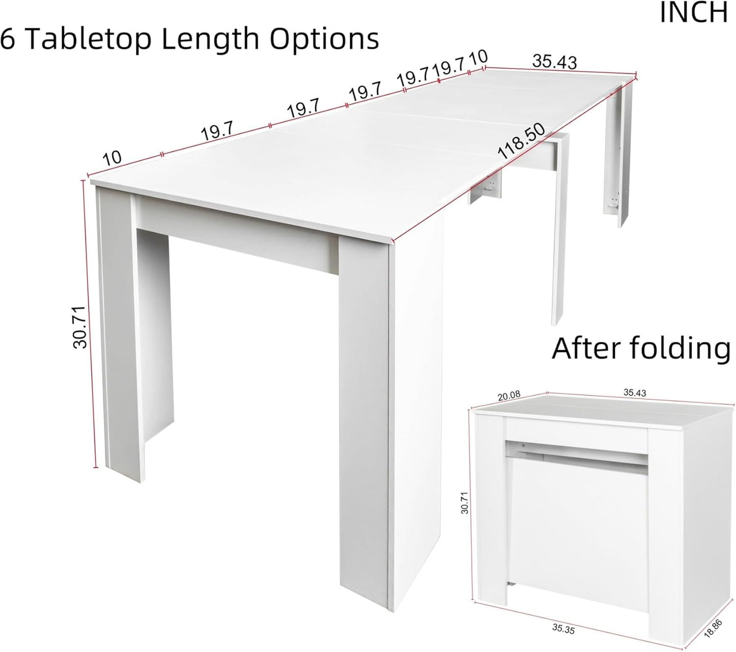 KEIKI 20"-118.5" L Extendable Foldable Dining Room Table for 1-10 People, Wood Multifunctional Rectangle Expandable Console Kitchen Living Meeting Room Furniture, 6 Tabletop Length Options, White