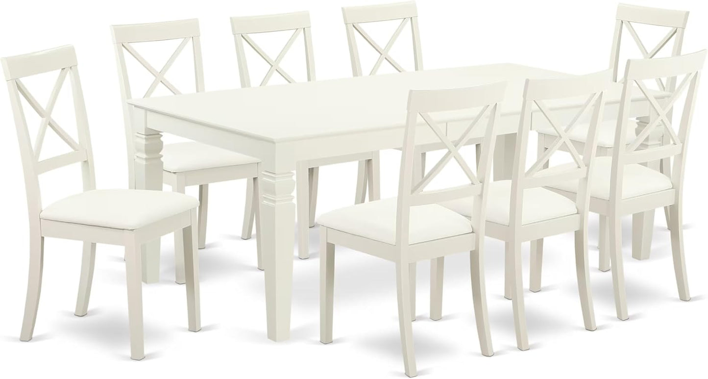 East West Furniture LGBO9-LWH-LC 9 Piece Kitchen Table Set Includes a Rectangle Dining Table with Butterfly Leaf and 8 Faux Leather Dining Room Chairs, 42x84 Inch, Linen White
