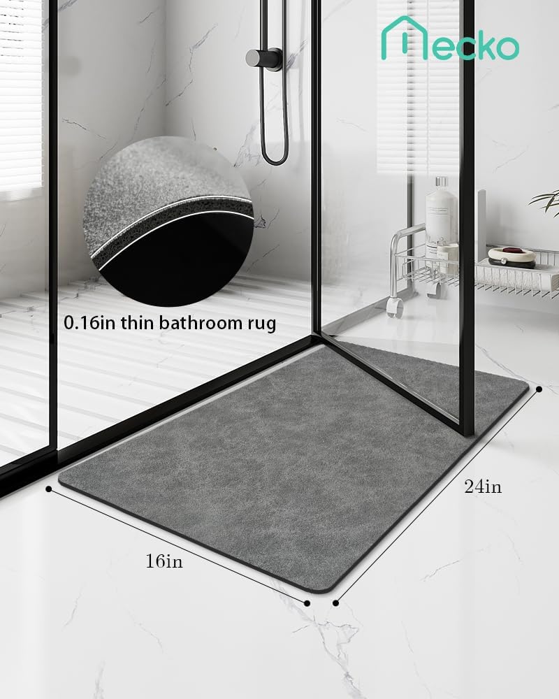 Mecko Bath Mat Rug, Rubber Non-Slip Quick Dry Absorbent Thin Bathroom Rugs Fit Under Door Bathroom Floor Mats-Shower Rug for in Front of Bathtub, Sink, Shower Room(Dark Grey,16"x24")