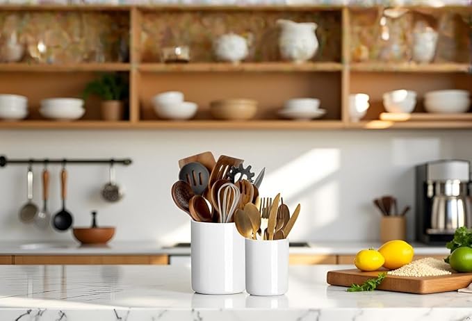 Utensil Holder, 6.3"+4.7" Ceramic Kitchen Utensil Holder for Countertop, Large Cooking Utensil Crocks for Kitchen Counter Decor, Morden Utensil Organizer for Spatula, Set of 2, White