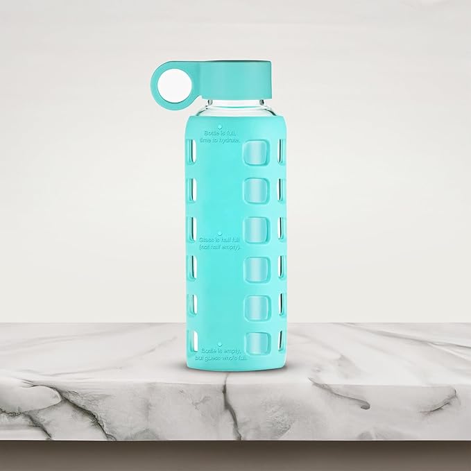 purifyou Reusable Produce Bags S9 (XL, L, S), 14.5" Stainless Straws S5 with Silicone Tips for Stanley Tumbler, Glass Water Bottles 12oz with Volume & Times, Silicone Sleeve in Aqua Blue.