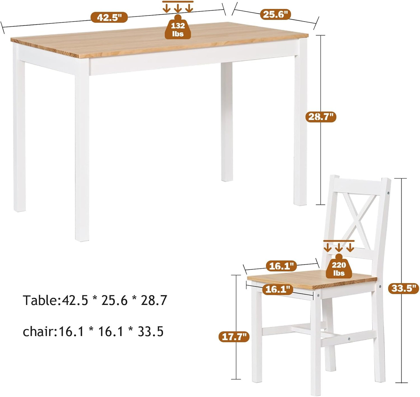 soges Dining Table Set for 4, 42.5 inch Pine Wood Dining Room Table with 4 Chairs, 5-Piece Kitchen Table Chairs Set for Small Space, Apartment, Dinette, Breakfast, White and White
