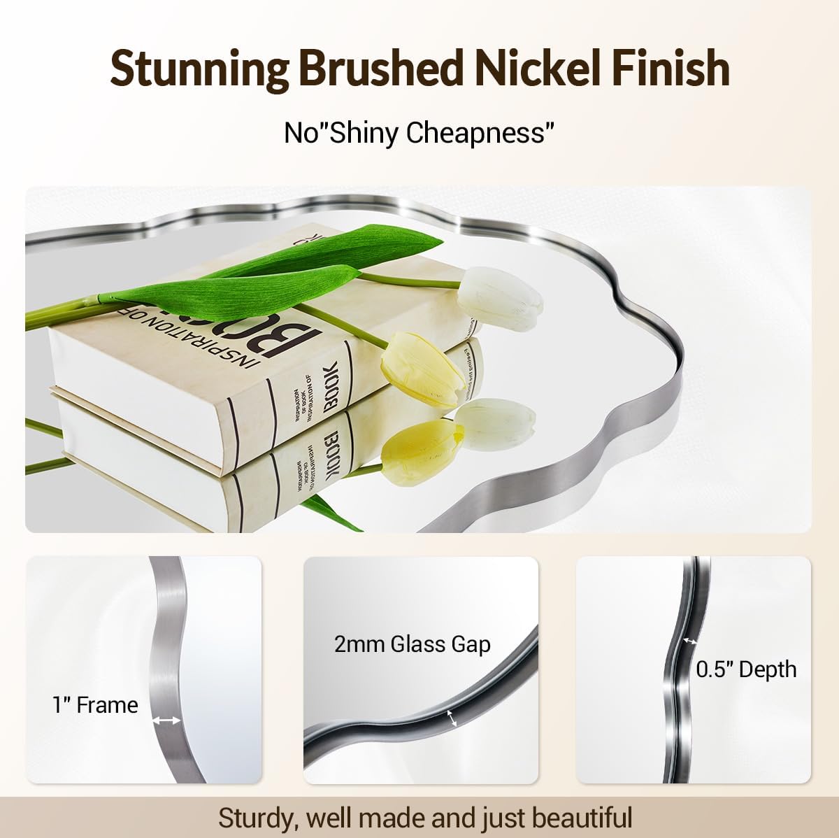 ANDY STAR Brushed Nickel Bathroom Mirror, 24x36 Inch Silver Asymmetrical Wall Mirror, Oval Bathroom Vanity Mirror, Unique Irregular Wall Mirror with Sophisticated Curved Design