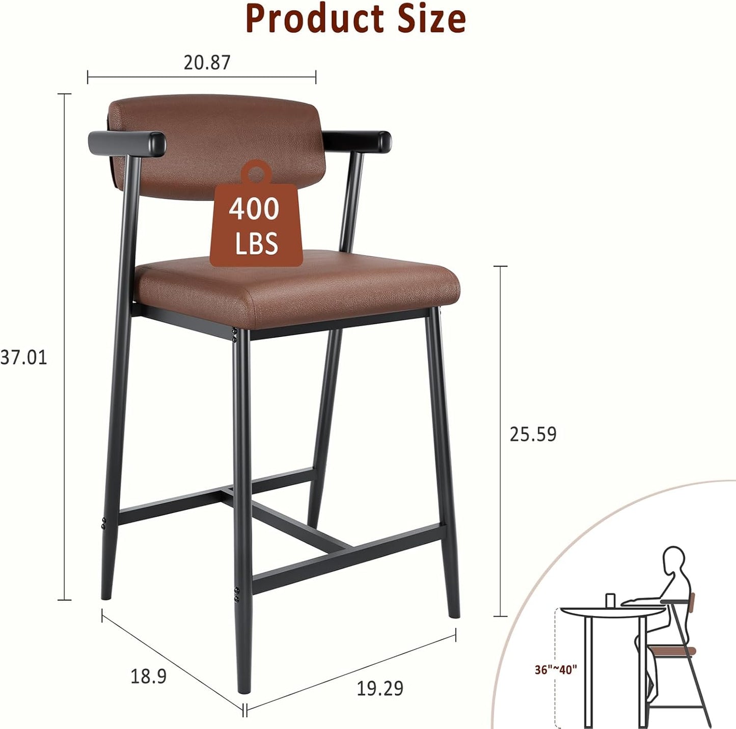 GarveeHome Bar Stools Set of 2, 26.5" Upholstered Counter Height Bar Stools for 2 with Armrest, Wider Thickened Cushion, Bar Chairs with Backrest for Bar, Dining Room, Kitchen, Retro Brown