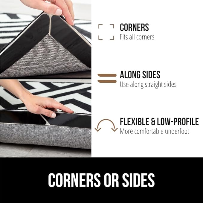 GORILLA GRIP 12 Pc Rug Gripper Pads Keep Area Rugs Corners from Curling, No Damage Reusable Double-Sided Sticky Pads, Holds Down Carpet, Stays in Place on Hardwood Floors, Grips Tile Floor, Home Décor