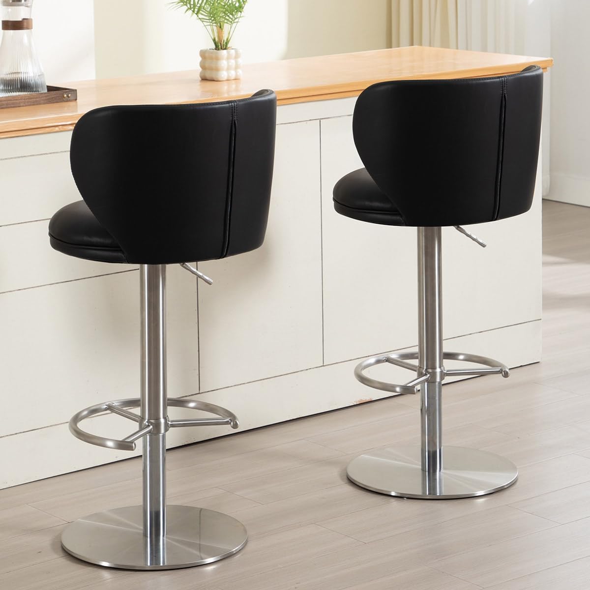 Stainless Steel Bar Stools,Grade Modern Leather Bar Chair with Backrest,Swivel Adjustable Height for Kitchen Counter and Dining Room (Black Leather-1pc)