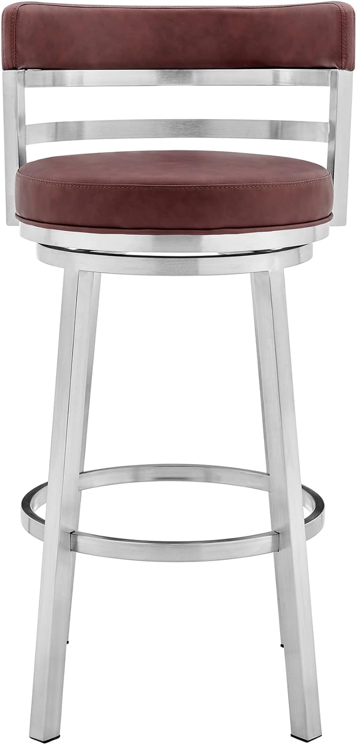 Armen Living Titana 26" Counter Height Swivel Red Faux Leather and Brushed Stainless Steel Bar Stool