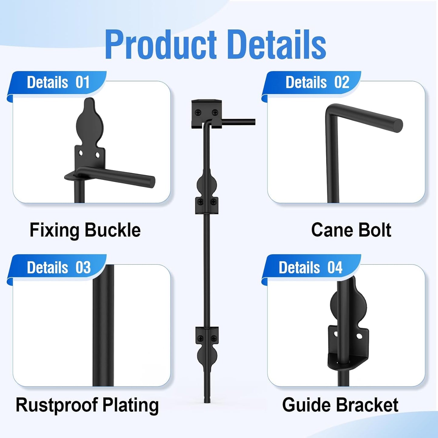 12" Cane Bolt Heavy-Duty Drop Rod for Gate, Heavy Duty Gate Latch for Wooden Fence Metal Gates, Vinyl Fence Gate Land Latch, Floor Latch for Fixing Door to The Ground, Black Coating, 1 Pack