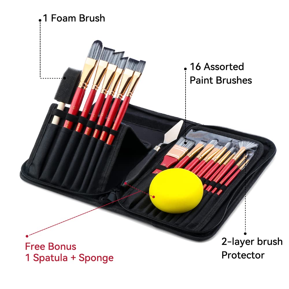 Transon 20Pcs Art Paint Brush Kit with Storage Case, 16 Brushes + Foam Brush Spatula Sponge for Acrylic Oil Watercolor Gouache, Adults Teens Beginners Art Supplies