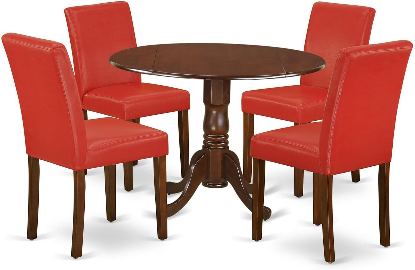 East West Furniture DLAB5-MAH-72 5 Piece Dinette Set for 4 Includes a Round Dining Table with Dropleaf and 4 Firebrick Red Faux Leather Parson Dining Room Chairs, 42x42 Inch, Mahogany