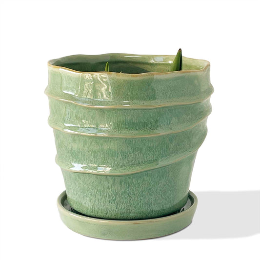 Chralji GIFTWARE 6in Plant Pot, Ceramic Planter, Plant Pots Indoor, Plant Pots with Drainage Holes and Saucers, Flower Pots for Indoor Plants, Bright Green