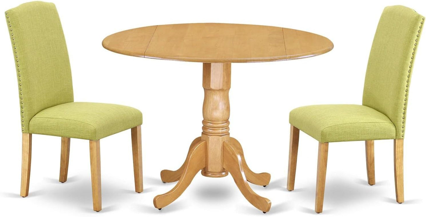 East West Furniture DLEN3-OAK-07 3 Piece Kitchen Table Set Contains a Round Dining Room Table with Dropleaf and 2 Limelight Linen Fabric Parson Dining Chairs, 42x42 Inch, Oak