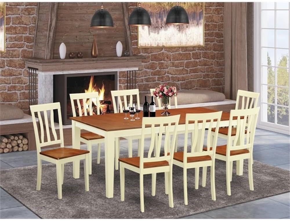 East West Furniture QUAN9-WHI-W 9 Piece Dining Room Furniture Set Includes a Rectangle Kitchen Table with Butterfly Leaf and 8 Dining Chairs, 40x78 Inch, Buttermilk & Cherry