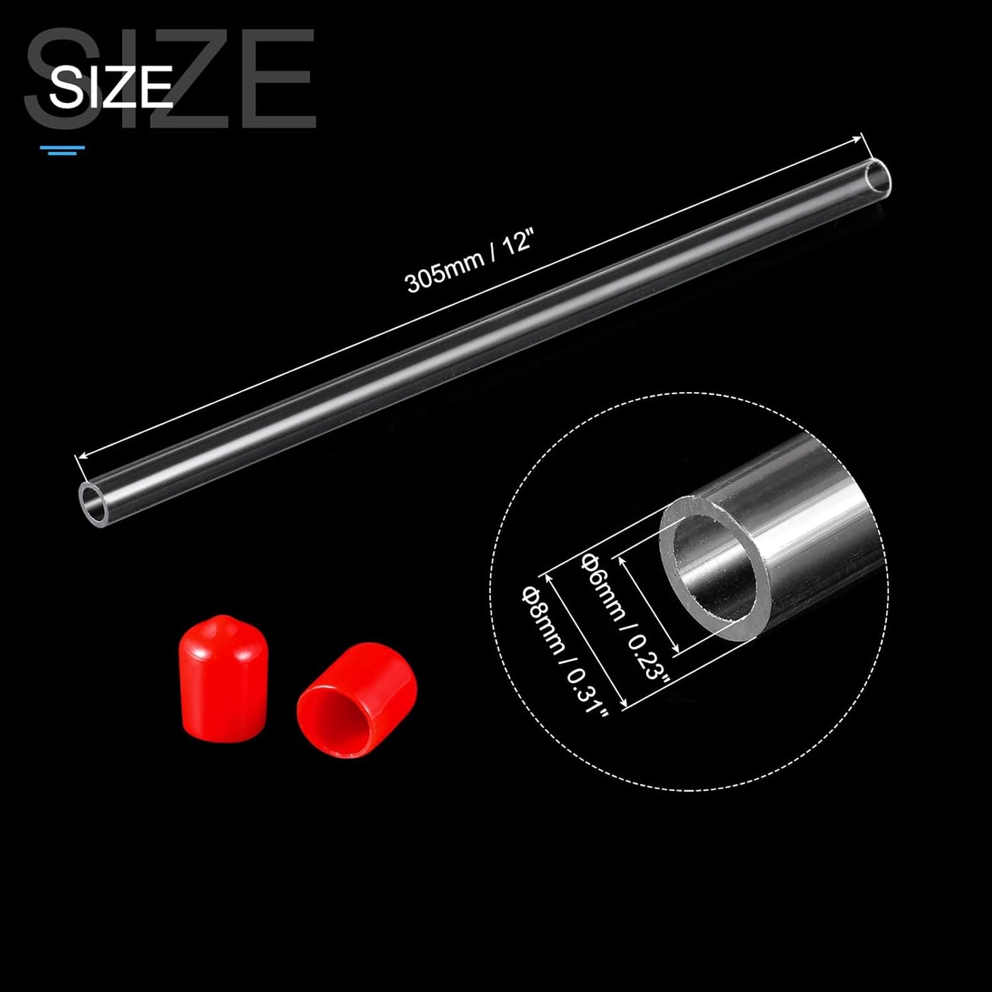 PATIKIL Clear Rigid Tube Round Plastic Tubing with Red Rubber Caps Polycarbonate Water Pipe, 305mm/ 12 Inch Length, 6mmx8mm/0.23"x0.31", 2 Set