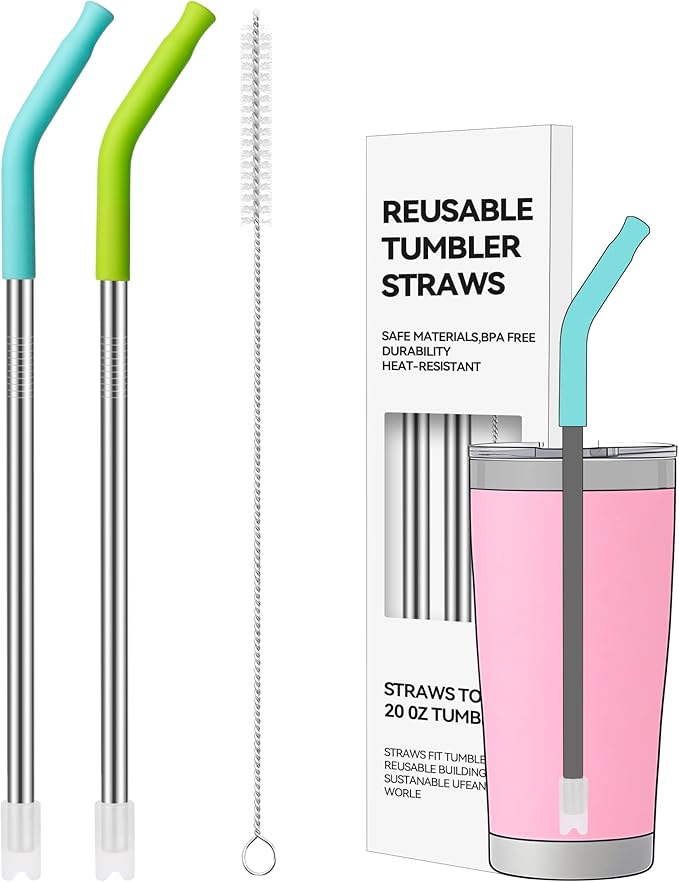 Reusable Metal Straws, 2 PACK Stainless Steel Straws with Silicone Tip for 20 oz Tumbler, Long Drinking Replacement Straw for YETI, STANLEY, US Acrylio, BJPKPK, Simple Modern and so on