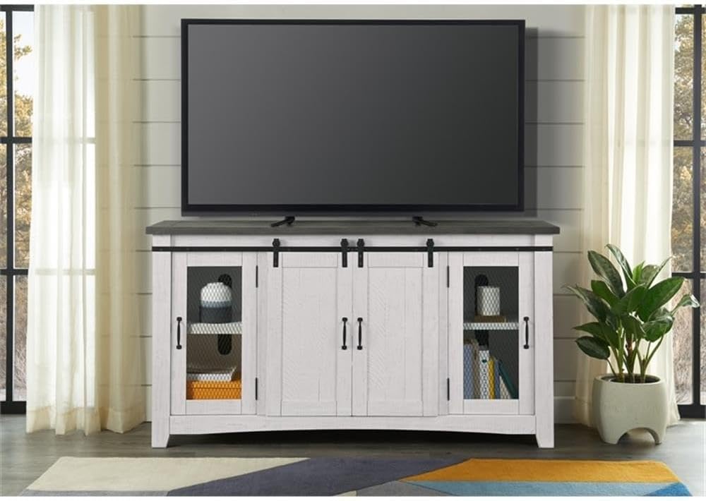 Martin Svensson Home Rustic 65” Solid Wood TV Stand with Storage, White Stain with Grey Stain Top