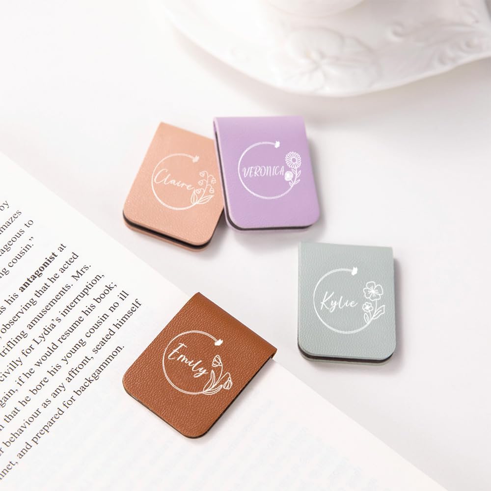 CALLIE Personalized Magnetic Bookmark Clip – Custom Name Reading Gifts for Book Lovers, Birthday Teacher's Day Christmas for Bookworm Gifts (Birth Flower Wreath)