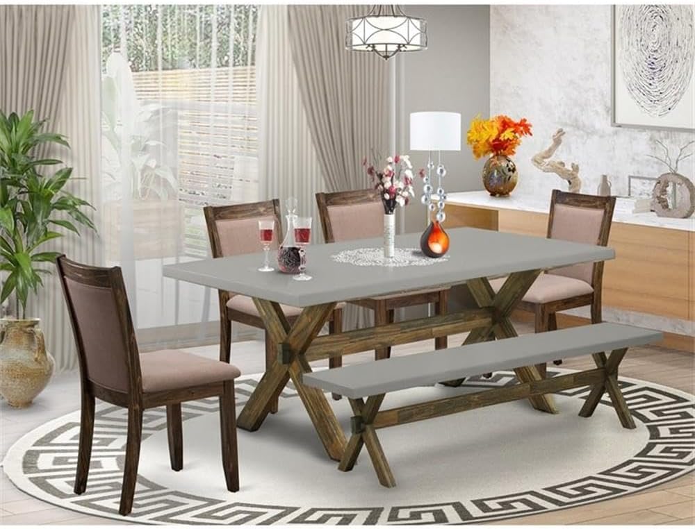 East West Furniture X797MZ748-6 6 Piece Dinette Set Contains a Rectangle Dining Table with X-Legs and 4 Coffee Linen Fabric Parson Chairs with a Bench, 40x72 Inch, Multi-Color