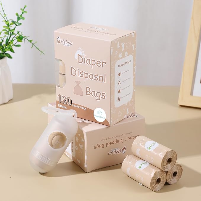 Diaper Bags Disposable for Baby, Biodegradeable Dirty Diaper Bags (8 Refill Rolls/120 Bags) with Dispenser, Leak Proof Diaper Trash Bags, Baby Poop Bags, Tropical Fruit Scent