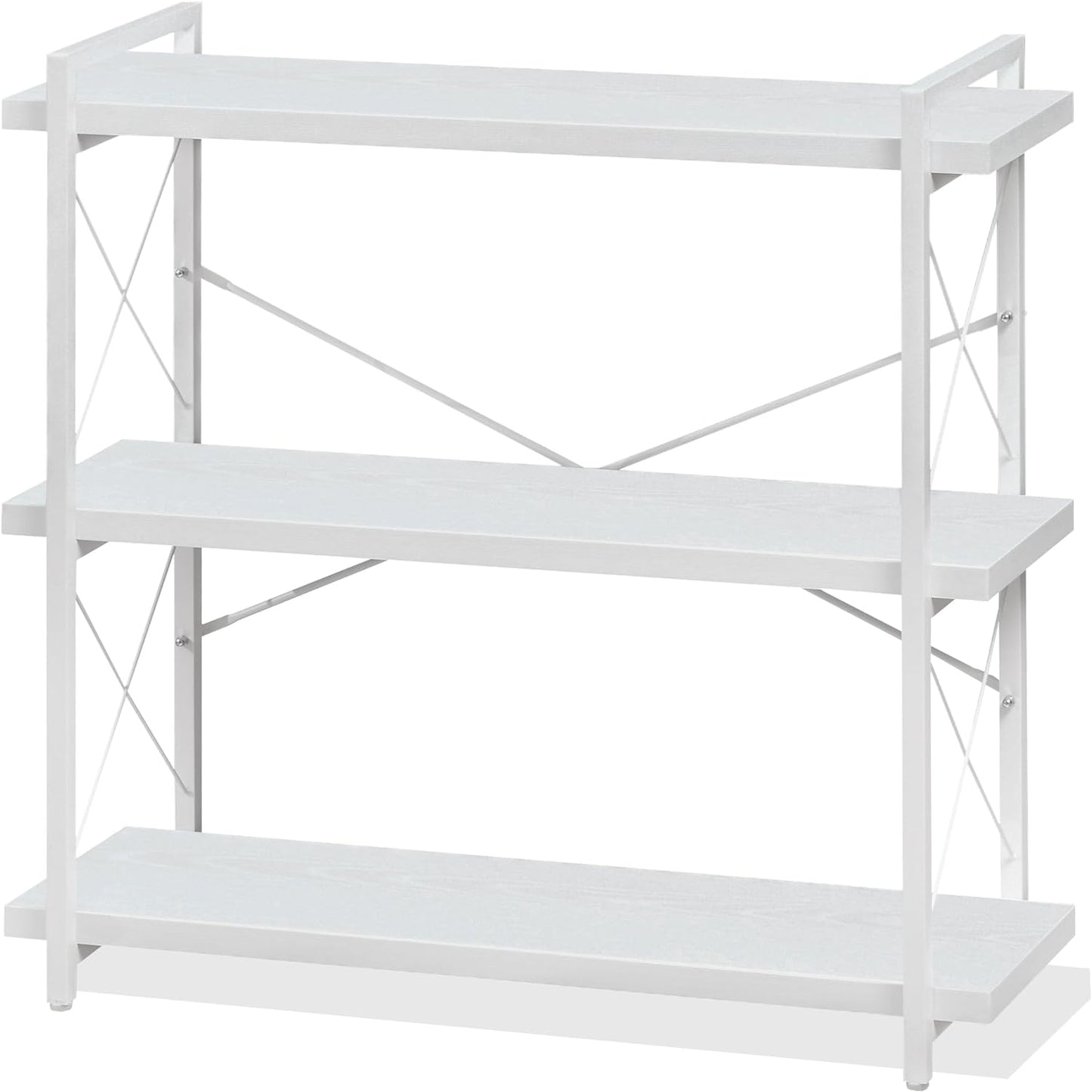 HCHQHS Bookshelf, 3-Tier Industrial Bookcase, White Open Book Shelf, Freestanding Horizontal Bookshelves with Metal Frame