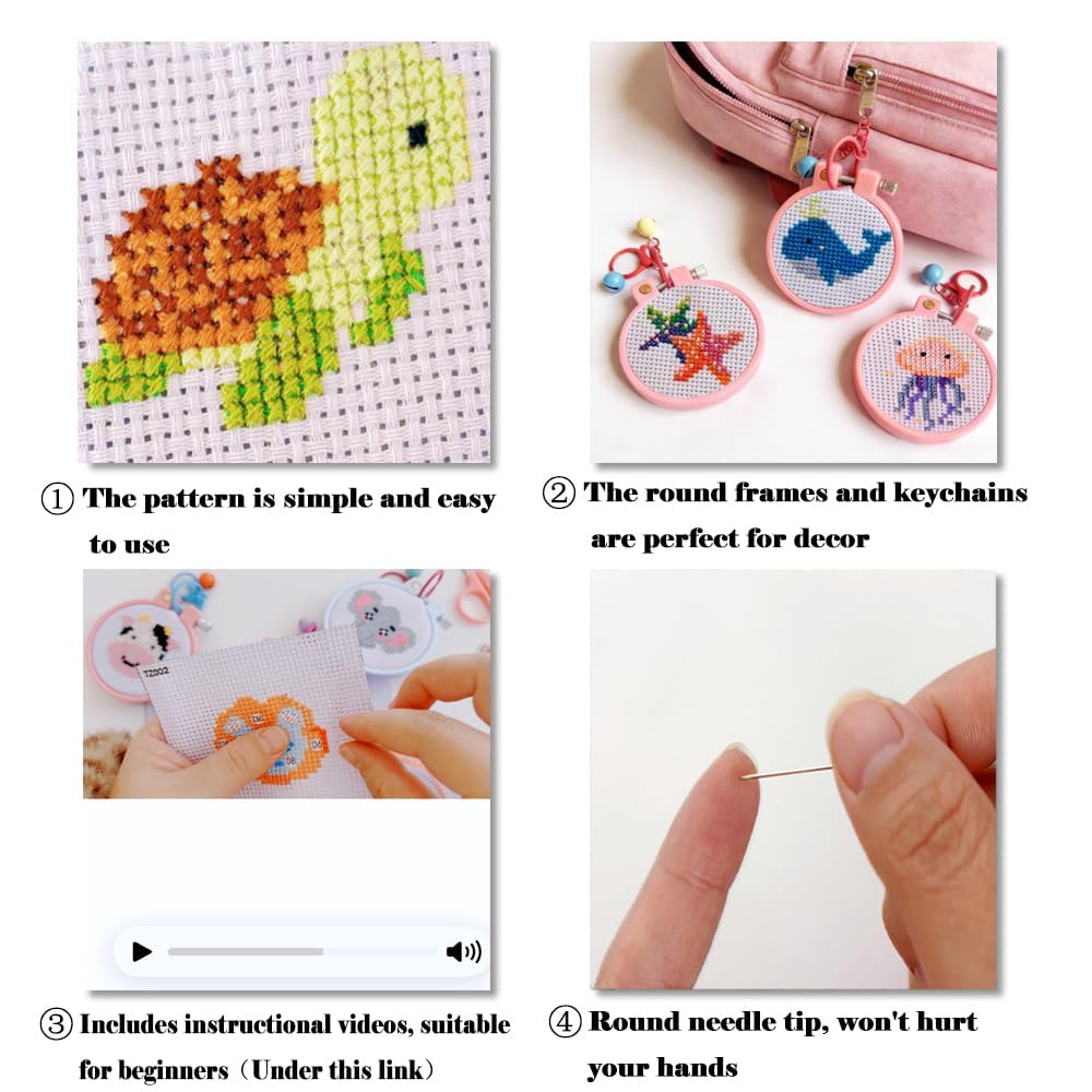 VIGEGU 8 Pack Cross Stitch Kits for Beginners,Marine Animals Stamped Cross Stitch Kits for Kids,Crafts for Girls 8-12 Embroidery Kit 11CT Cross Stitch Kit for Beginners with Frame