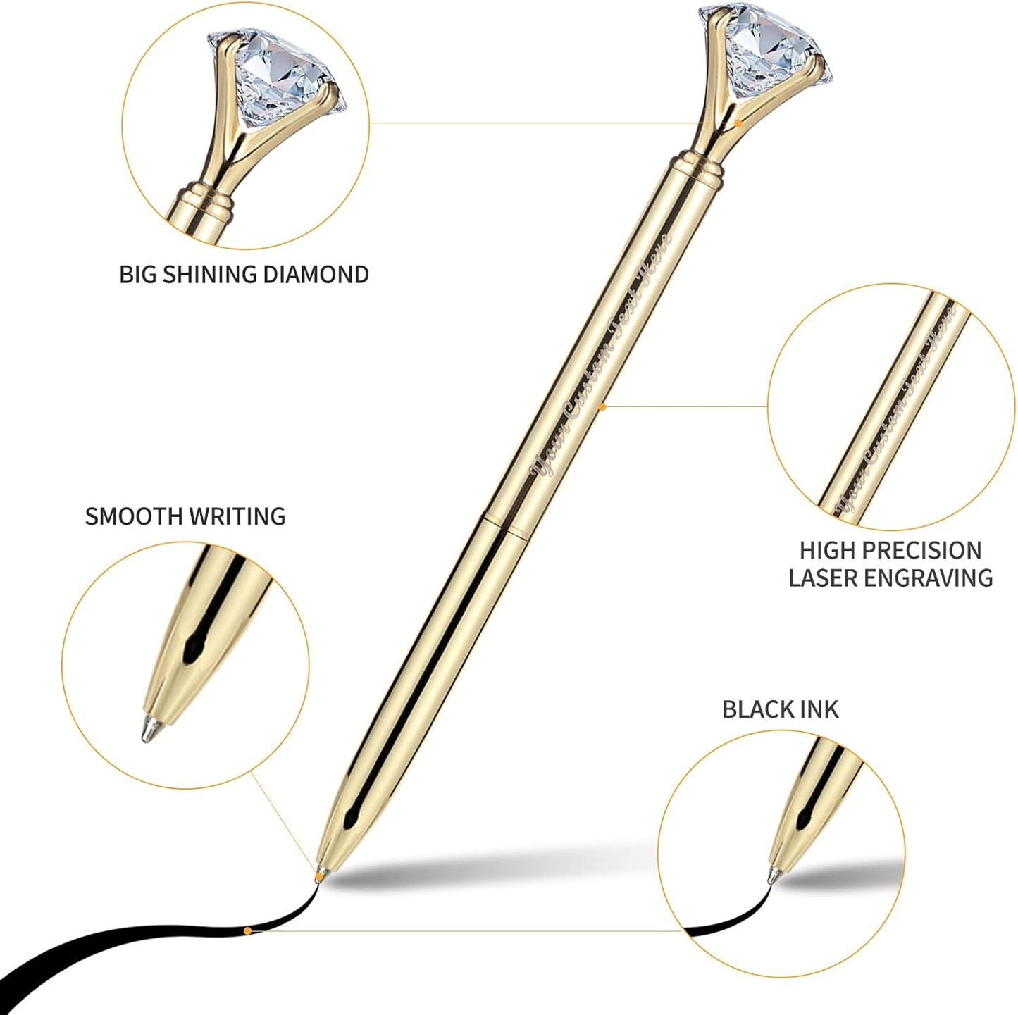 Big Diamond Retractable Ballpoint Pen Rhinestones Crystal Bling Plated Metal Color Black Gel Ink Ballpen for Women Students Girls