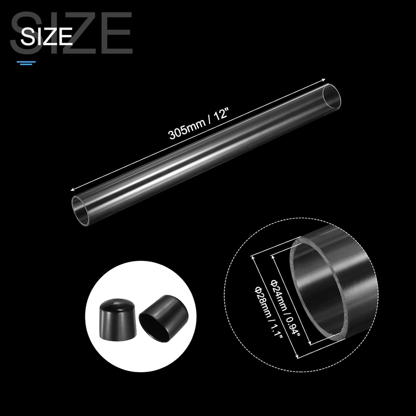 PATIKIL Clear Rigid Tube Round Plastic Tubing with Black Rubber Caps Polycarbonate Water Pipe, 305mm/ 12 Inch Length, 24mmx28mm/0.94"x1.1", 2 Set