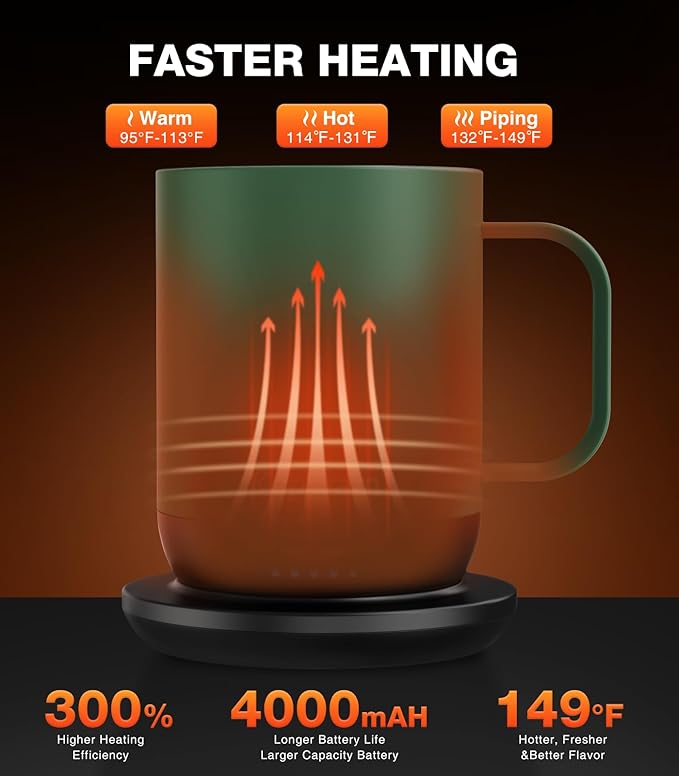 Kepwam Heated Coffee Mug T1-14oz Fast Heating & Longer Battery Life Self Heating Coffee Mug Hot to 149℉ - Touch & App Controlled Mug Coffee and Hot Beverage Warmer, Gifts for Women and Men