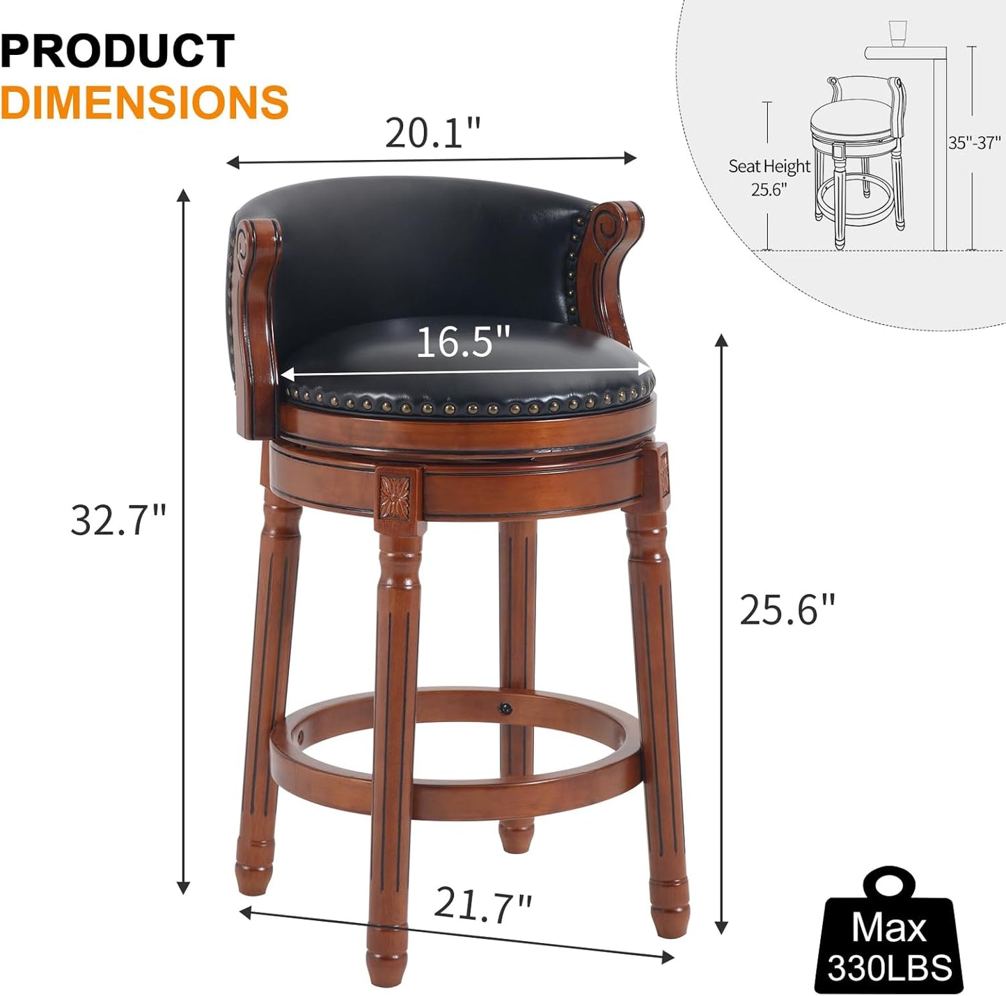Cow top Leather Wooden Bar Stools, 29.5" Bar Height Bar Chair with Back, 180 Degrees Swivel Barstools Chair for Home Kitchen Counter,Dining Room (Black-1pc, Counter Height-Seat Height 26”)
