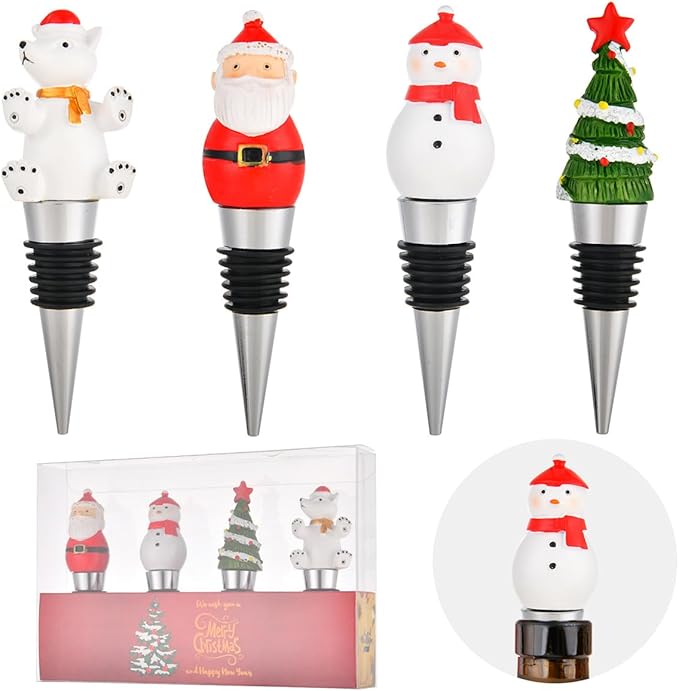 Set of 4 Resin Wine Bottle Stoppers for Christmas Holiday Decoration, Handmade Wine Stoppers for Xmas, Wine Gift for Hostess Cute Wine and Beverage Corker Bottle Sealers