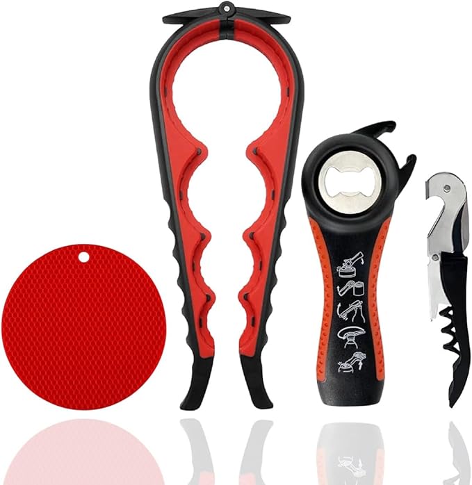 Jar Opener Set 4 Pieces LAGONOVA – Bottle Opener, Corkscrew, 1 Silicone Grip Pads, Lid Remover for Arthritic Hands, Kitchen Essential for Jars, Bottles & Cans