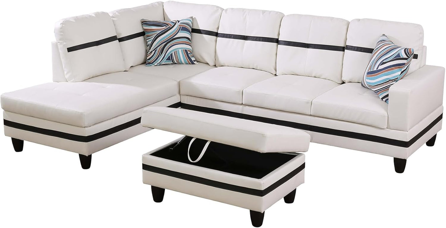L Shaped Couch PU Leather Sectional Couch Upholstered 3 Pieces Sofas for Living Room with Chaise, Storage Ottoman for Office and Small Apartment, White and Black