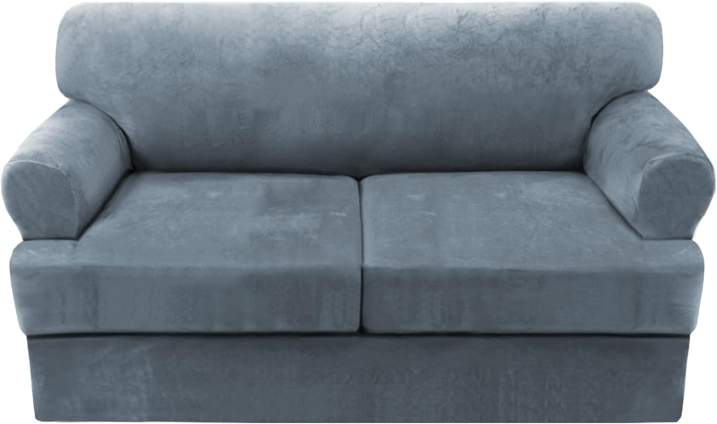 H.VERSAILTEX Sofa Cover 3 Piece T Cushion Loveseat Slipcovers Thick Velvet Couch Cover Stretch T Cushion Sofa Covers for 2 Cushion Couch with 2 Individual T Cushion Covers Washable, Stone Blue