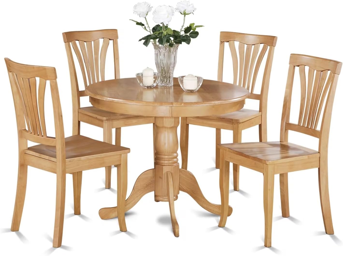 East West Furniture ANAV5-OAK-W 5 Piece Dining Room Table Set Includes a Round Kitchen Table with Pedestal and 4 Dining Chairs, 36x36 Inch, Oak