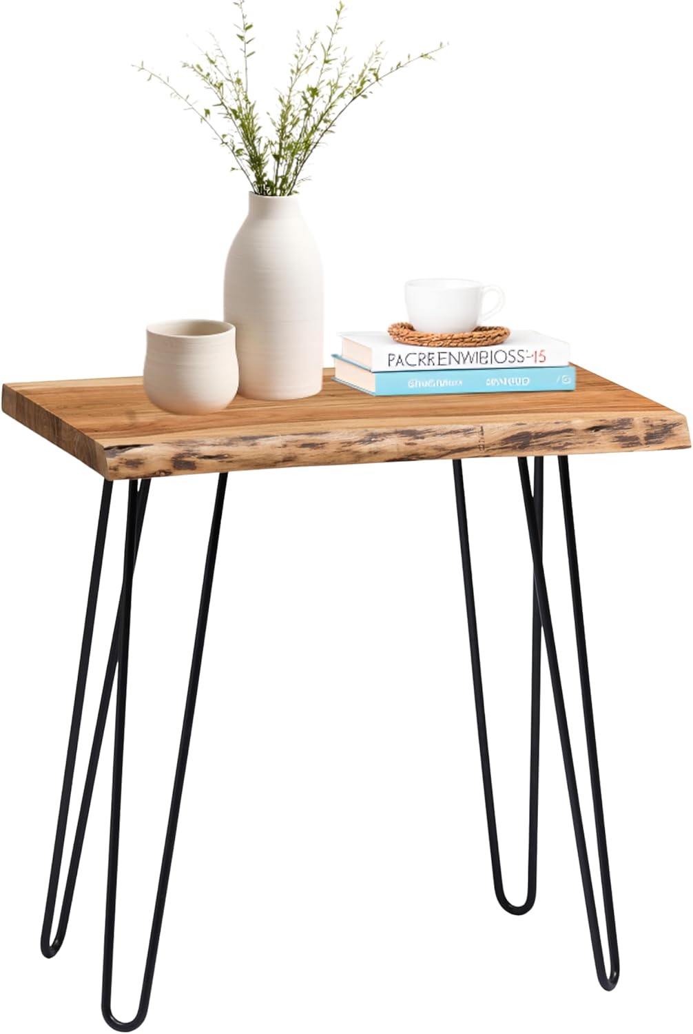 Alaterre Furniture Natural Live Edge End Table - 15” x 20” x 27” Acacia Wood Side Table with Metal Hairpin Legs and Protective Floor Pads - Mid Century Modern Living Room Furniture (Natural)