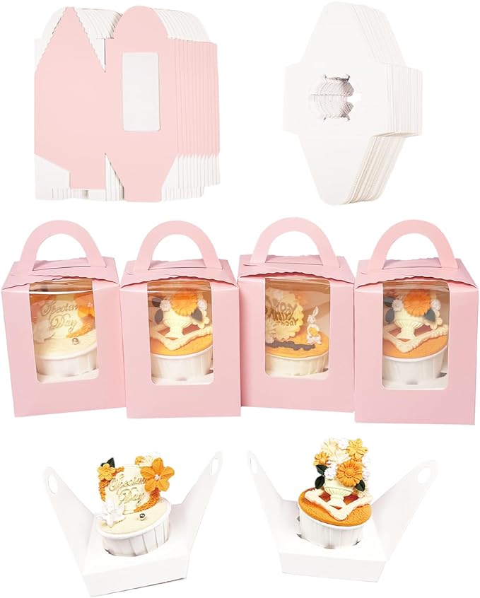 Bakepacker Auto-pop up Individual Cupcake Boxes with Window 25 Count Pink Single Cupcakes Box 3.7 x 3.7 x 4.3inch Cupcake Carrier
