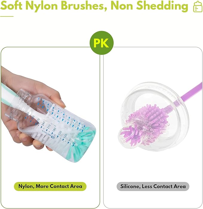 2 Pack Baby Bottle Brush with 4 Pack Straw Brushes, 10.2" Nylon Brushe with Nipple Cleaner and Stand Suction Cup, Pink