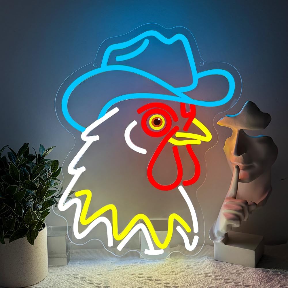 Cowboy Neon Sign,Rooster Dimmable LED Light Signs for Wall Art Decor,Chicken Backdrop for Bar Bedroom Club Party Man Cave Game Room,Western Gift for Men Boys Teen USB Powered（14.8"*11.8"）