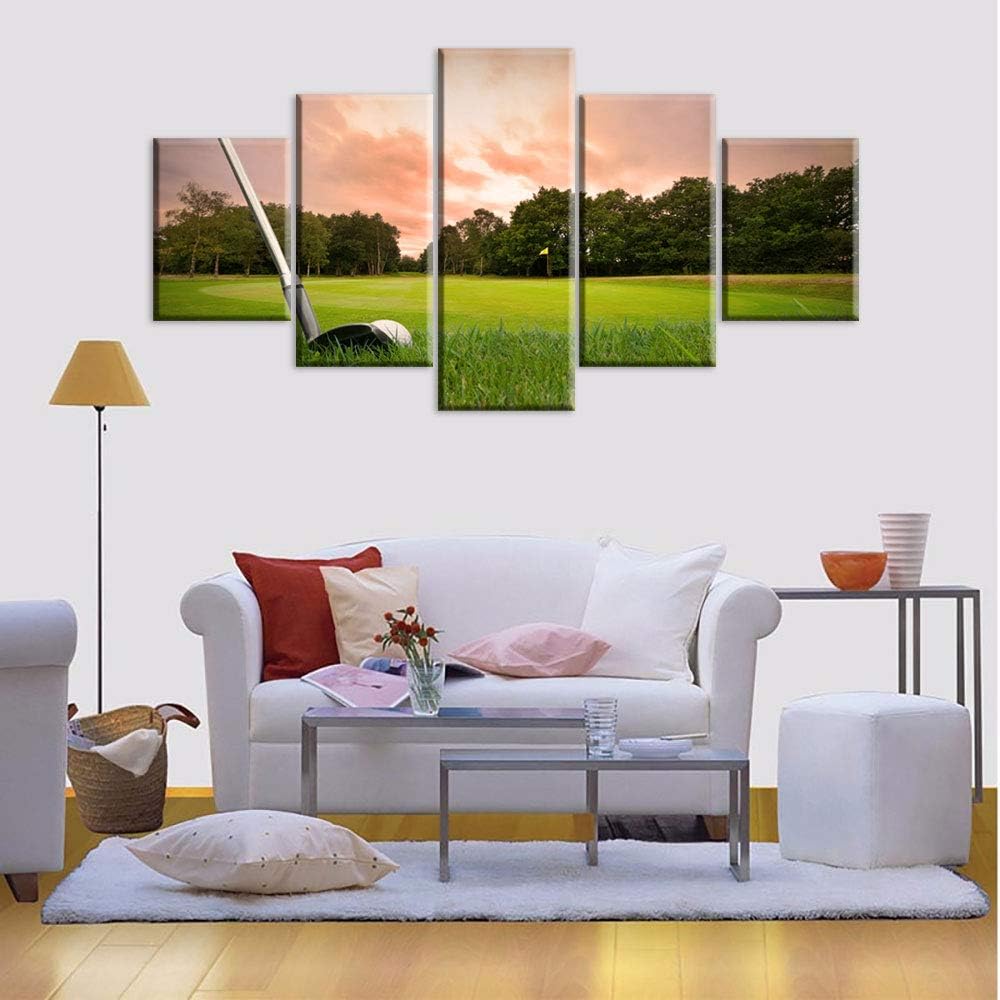 Golf Wall Art 5 Panels Canvas Pictures HD Prints Green Course with Golf Club Paintings Living Room House Decoration Fantasy Landscape Artwork Gallery-Wrapped Framed Ready to Hang Gift(60''W x 32''H)