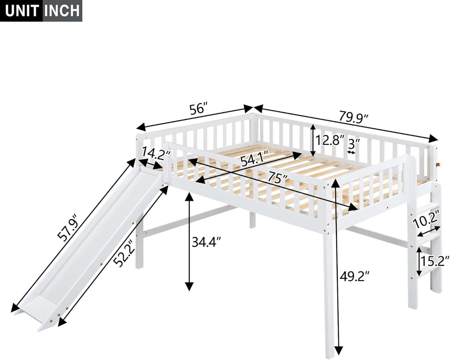 Full Size Low Loft Bed with Ladder and Slide,Vertical Design Wooden Bed Frame, for Kids and Young Teens, No Box Spring Required,Space-Saving,White