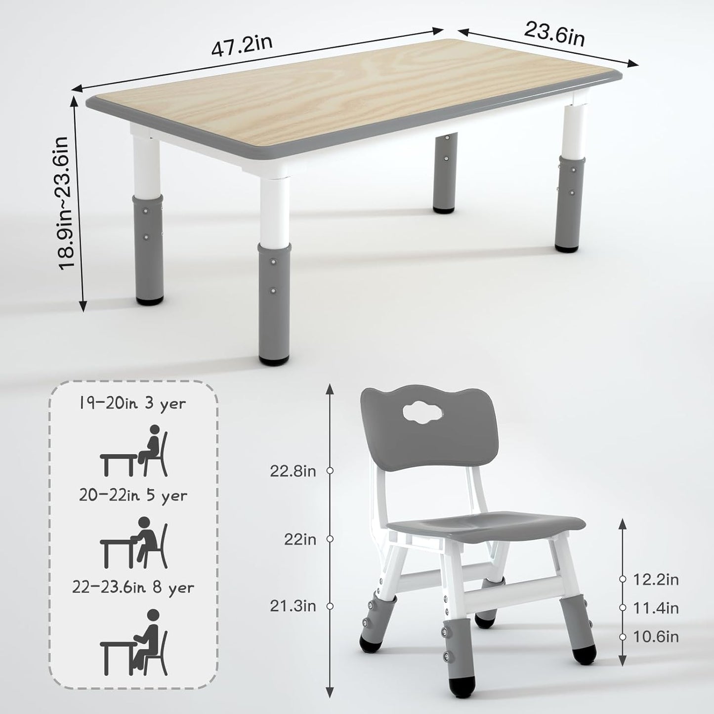 Kids Table and 4 Chairs Set，Height Adjustable Children Table & Chair，Toddlers Study Multi-Activity Table with 47.2"x23.6" Wipe-Clean Desktop，for Classrooms, Homes & Daycares