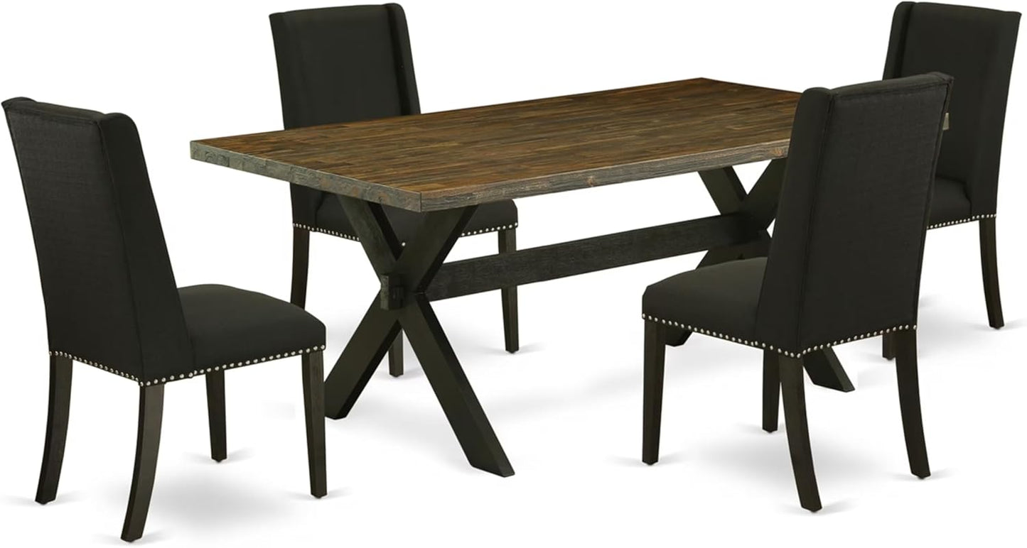 East West Furniture X677FL624-5 5 Piece Dining Room Furniture Set Includes a Rectangle Dining Table with X-Legs and 4 Black Linen Fabric Parsons Chairs, 40x72 Inch, Multi-Color