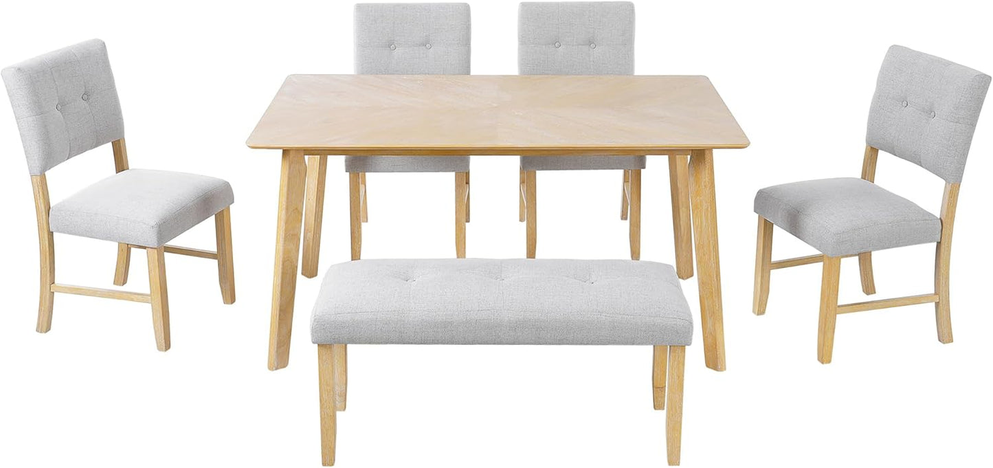 Merax 6 Piece Solid Wood Dining Table Set for 6, Rustic Farmhouse Rectangular with 4 Upholstered Wooden Chairs and 1 Bench, Kitchen Room, Natural Wood Wash