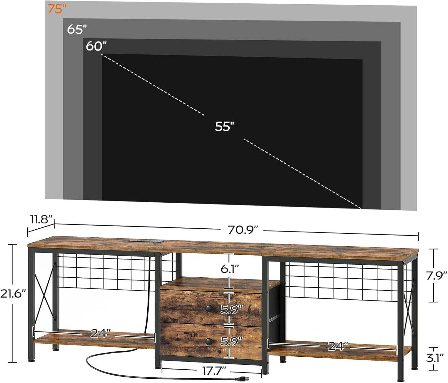 TV Stand with Power Outlet Up to 75 Inch, Entertainment Center with 2 Fabric Drawers, TV Console Table with Open Storage Shelves for TVs, Cable Management, for Living Room, Bedroom, DS18UBRY1