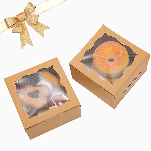Bakepacker Kraft Bakery Boxes with Window - 4x4x2.5 inches Small Size Pastry & Mini Cookie Boxes for Bakeries - Thick & Sturdy (100 Packs)