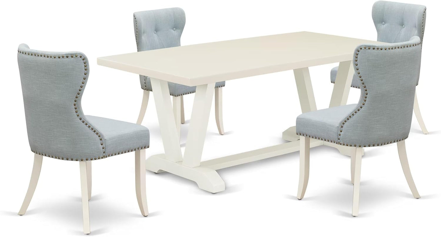 East West Furniture V027SI215-5 5 Piece Dining Table Set for 4 Includes a Rectangle Kitchen Table with V-Legs and 4 Baby Blue Linen Fabric Upholstered Chairs, 40x72 Inch, Multi-Color