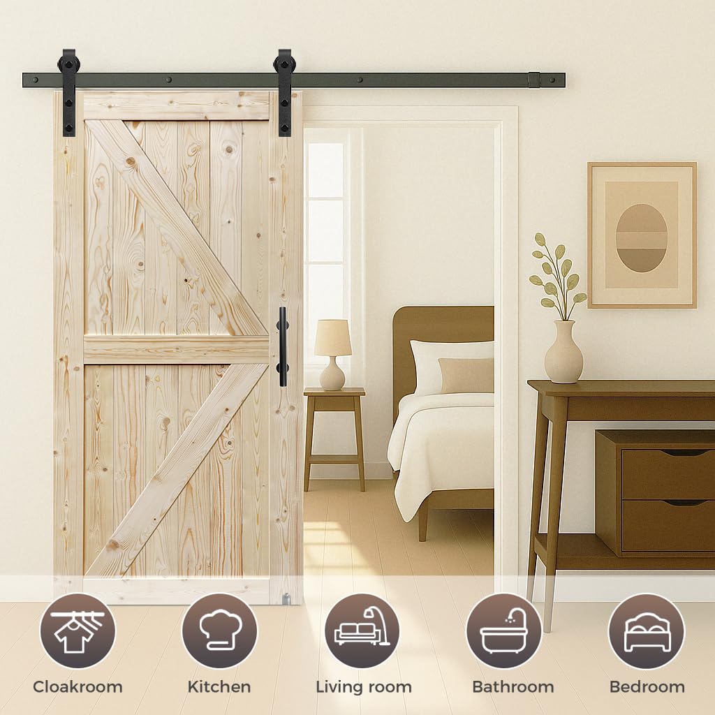 S&Z Tophand 42 In. X 84 In. Unfinished British Brace Knotty Barn Door With 8Ft Sliding Door Hardware Kit/Solid Wood/Sliding Door