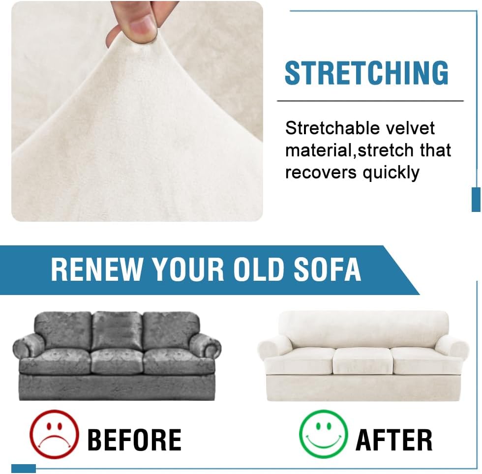 H.VERSAILTEX Sofa Cover 4 Piece T Cushion Sofa Slipcovers Thick Velvet Couch Cover Stretch T Cushion Sofa Covers for 3 Cushion Couch with 3 Individual T Cushion Covers, Porcelain
